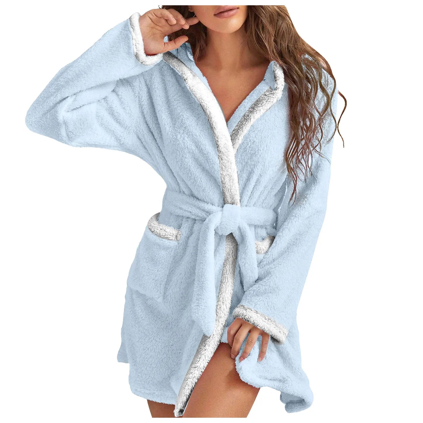 Women Coral Fleece Bathrobe Autumn And Winter Home Warm Sleepwear Casual Solid Color Matching Shower Robes Hooded Kimono Robe