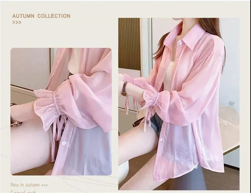 Chiffon Women Thin Shirts Summer Perspective Solid Korean Sun Shirt Long Sleeve Fashion Korean Ladies Top New Sunscreen Clothing