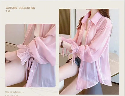 Chiffon Women Thin Shirts Summer Perspective Solid Korean Sun Shirt Long Sleeve Fashion Korean Ladies Top New Sunscreen Clothing