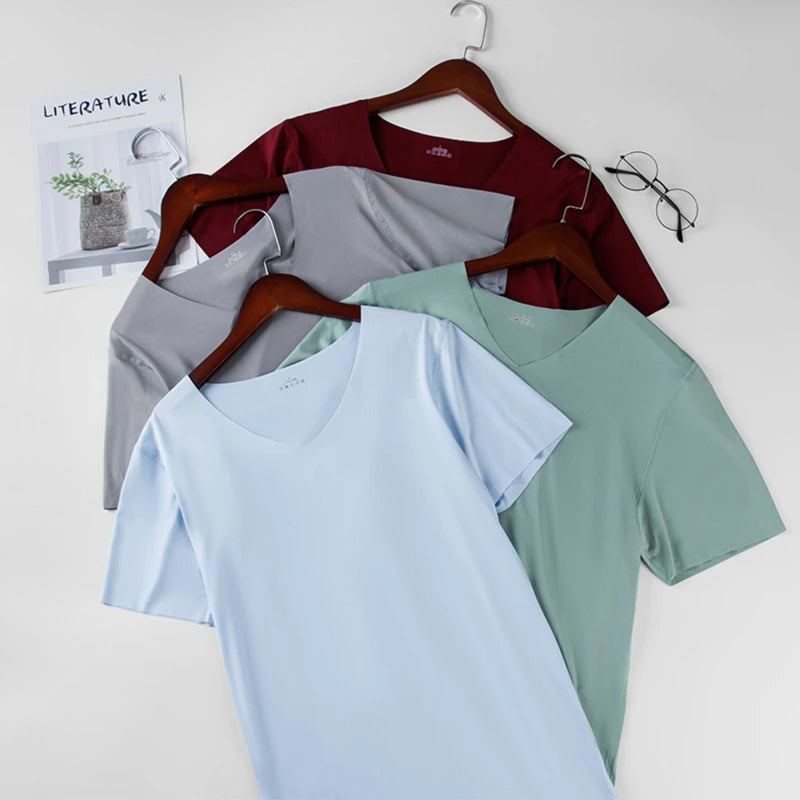 2024 Men's Thin Short Sleeve Without Summer Solid Color T shirt Trace Slim V-neck Bottoming Seamless short sleeve