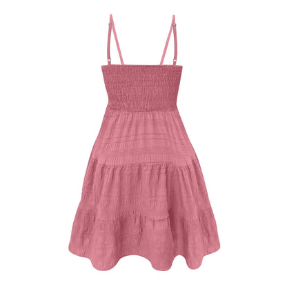 Bohemian Beach Sundress Women Sexy Sleeveless Backless Big Swing Mini Dress Solid Spaghetti Strap Ruffles Dress Summer Vestidos