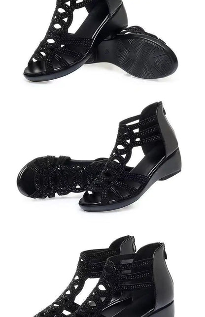 Real Soft Leather Roman Sandals Women's Chunky Heel Mom Shoes Fashion Outerwear Women's Sandals Wedge Women's Shoes 2023