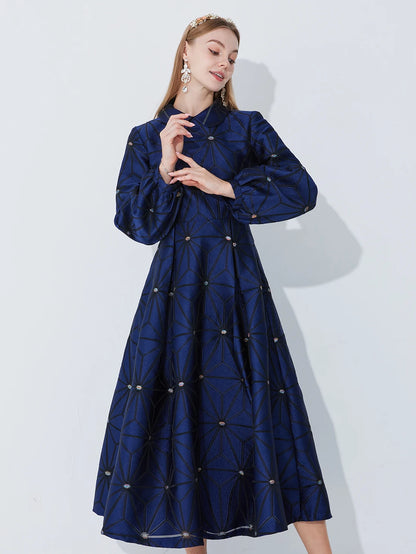 Navy Geometric Jacquard Dress with Puff Sleeves Fitted Waist and Flared Hem — Light Luxury Banquet or Wedding Gown