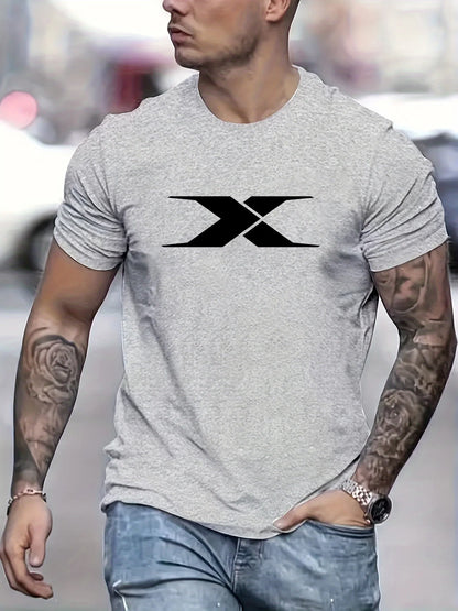 Summer men's 100% cotton casual loose fit large X letter print round neck short sleeved T-shirt top High Street Unisex style
