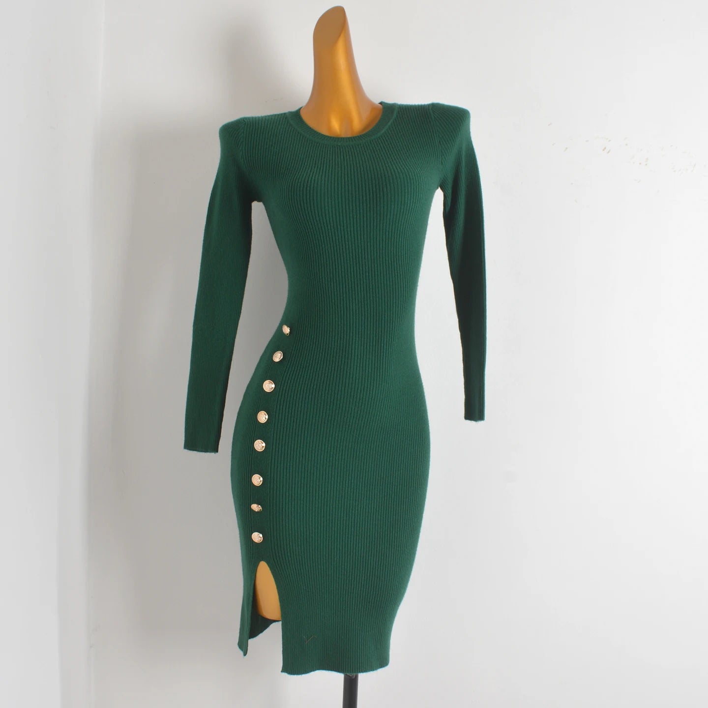 Spring Autumn Knitted Elastic Waist Dress Coat Design Button round Neck Bodycon Skirt Casual Style Long Sleeve Women's Dress