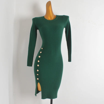 Spring Autumn Knitted Elastic Waist Dress Coat Design Button round Neck Bodycon Skirt Casual Style Long Sleeve Women's Dress
