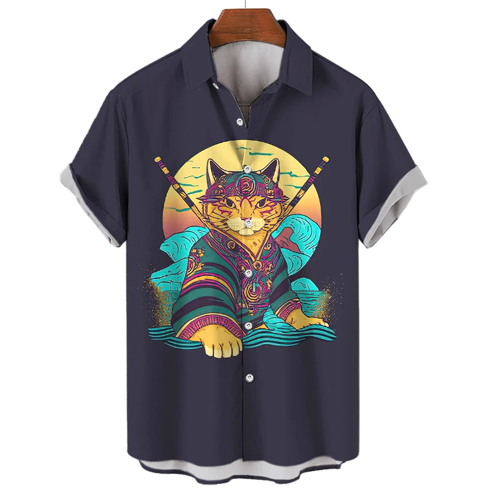 Casual Hawaiian Shirt Man Japanese Bushido 3d Pattern Shirt Men's Shirts Cartoon Animal Cat 3d Printing Men's Shirt Men Clothing