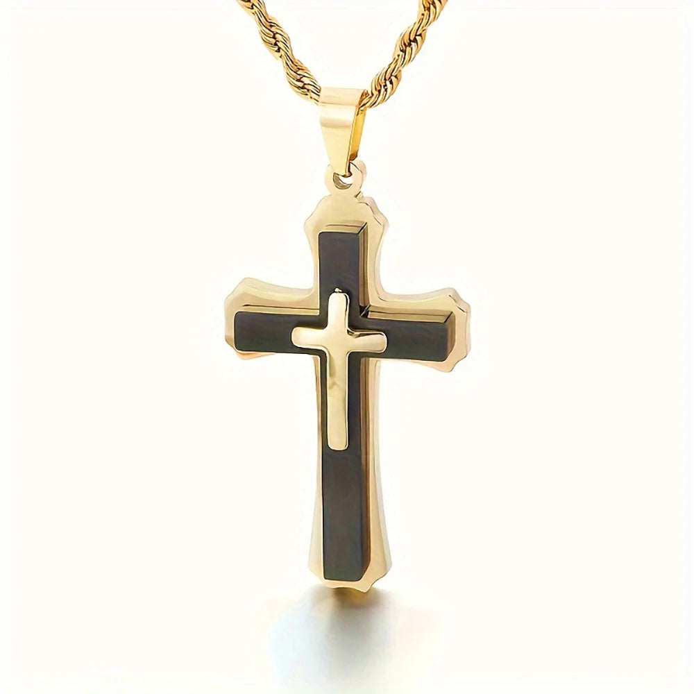 14K Gold Plated Men's Three-Layer Cross Necklace Hip Hop European Style Trendy Accessory Pendant Daily Jewelry Accessories USA
