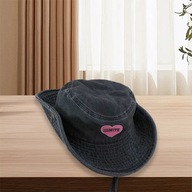 Stylish Unisex Fedora Hat with Heart Embroidery and Wide Brim Perfect for Outdoor Activities like Hiking and Camping