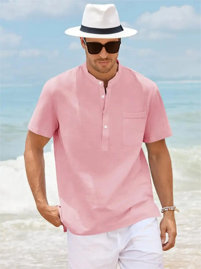 Men's Plus Size Cotton Linen Shirt with Pocket Casual Polo Shirt  Short Sleeve Shirts  Summer Lightweight Beach Tops