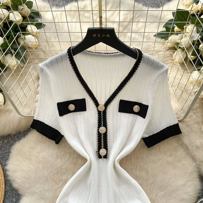 SINGREINY French Vintage Elegant Dress Women V Neck Buttons Elastic Waist Slim Fit Sundress Patchwork Mermaid Bodycon Dress