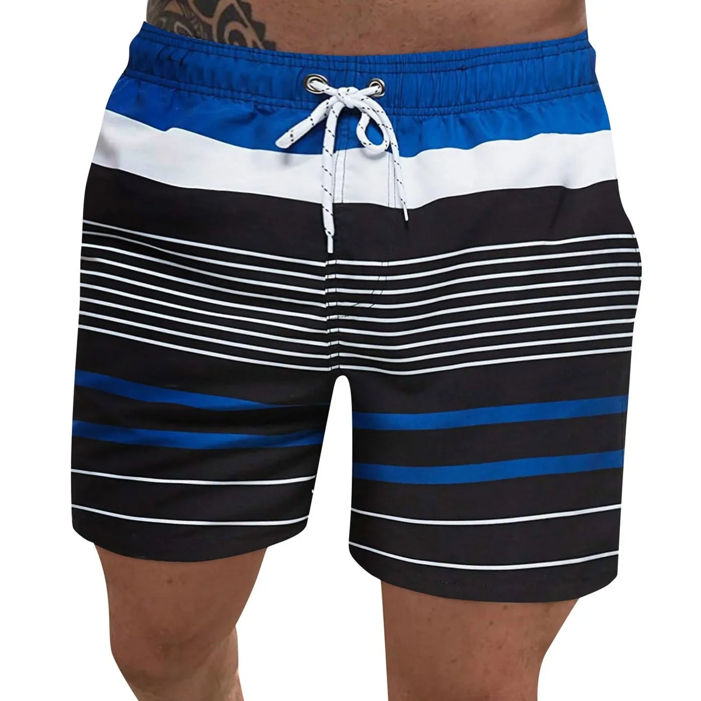 Men's board shorts Fashion striped print color contrast Swim shorts Classic drawstring swim shorts Summer surf swim suit