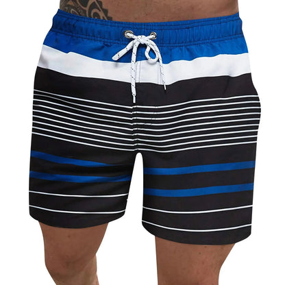 Men's board shorts Fashion striped print color contrast Swim shorts Classic drawstring swim shorts Summer surf swim suit