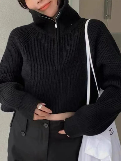 Quarter Zip Knit Sweater Cozy High Collar Long Sleeve Crop Jumper Pullover Women Teenage Girl Fall Winter