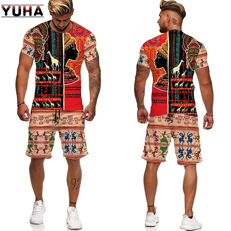 YUHA,3D Printed Men T-shirt Shorts Set 2pc Hip Hop Style Short Sleeve O-neck Summer African Folk-custom Pattern Men's Clothing S