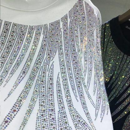 Plus Size Tops Short Sleeve Oversized Graphic Tees for Women Crew Neck Rhinestones T Shirts Loose Fit Sparkling Casual Party