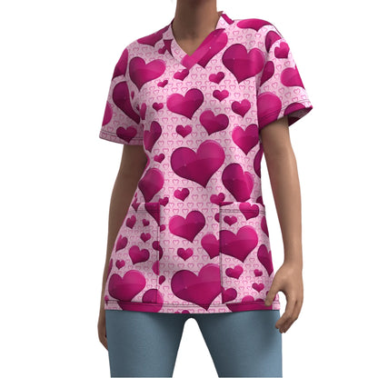 Nurse Uniform Woman Heart Bow Print Casual V Neck Health Care Medico Tops Micro-Elastic Short-SleeveClinical Uniform Clothing