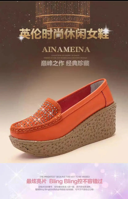 2025 Women Loafers Casual Wedges Shoes Slip on Platform Women's Middle-aged Mom Shoes Pu Leather Solid Moccasins Flats for Women