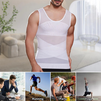 Men's Cross Mesh Vest Compression Shirts Breathable Sleeveless Tank Top Shapewear Fajas Slimming Tummy Control Body Shaper