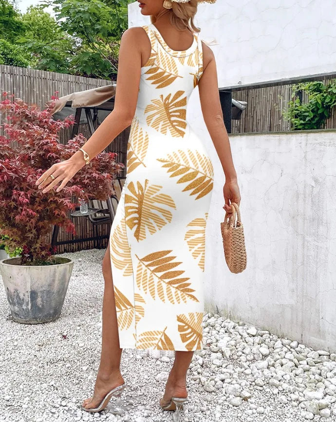 Fashion Summer Waist Closing Sexy Split Mid Length Tank Top Vestidos Elegant Ladies Gradient Stripe Sleeveless Round Neck Dress