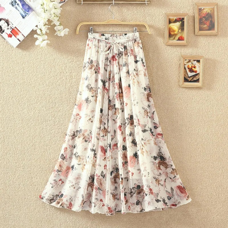 Elegant Chiffon Long Skirts For Women Autumn Casual Women's Floral Print Maxi Skirt Female High Waist Elastic A-Line Skirts