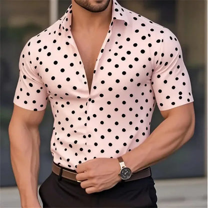 New Men's Short Sleeve Button Shirt Polka Dot Lapel Fashion Design Casual Lightweight Breathable Comfortable Outdoor Men Clothes
