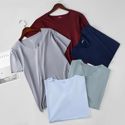 2024 Men's Thin Short Sleeve Without Summer Solid Color T shirt Trace Slim V-neck Bottoming Seamless short sleeve