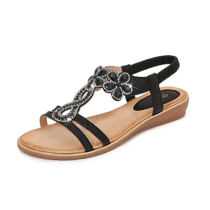Women Flat Shoes Summer Luxury Designer Rhinestone Sandals Diamond Elegant Glitter Beach Sandals Black Silver Gold Sandals