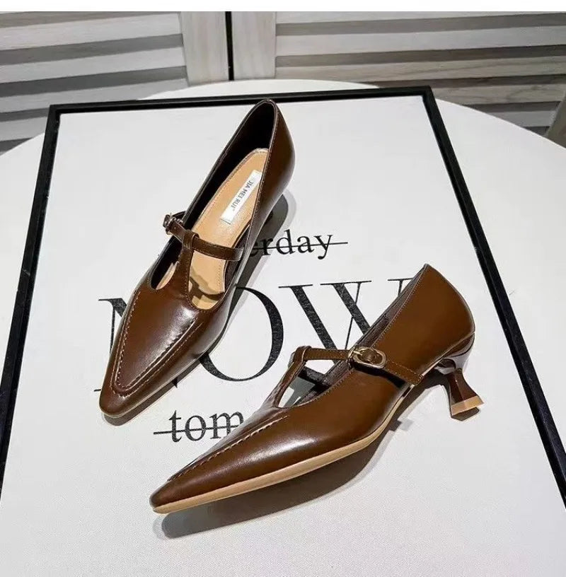 2026 Woman Fashion Pointed Toe Buckle Shoes Apricot Retro Kawaii Solid Female Shoes Flats Casual Shallow Mouth Mary Jane Shoes
