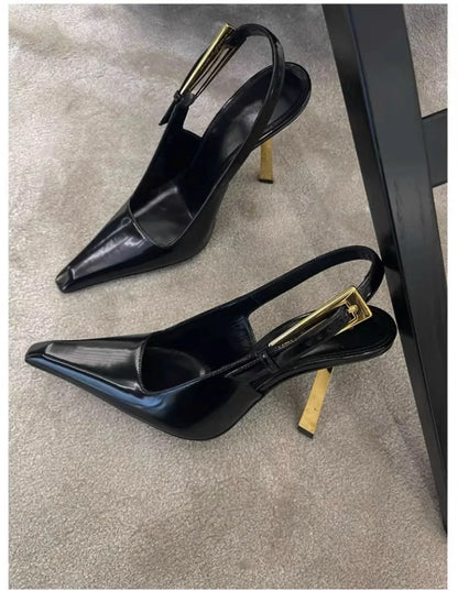 Patent leather high heels Women 2024 new gold with one-line sandals pointy skinny heels party women's shoes