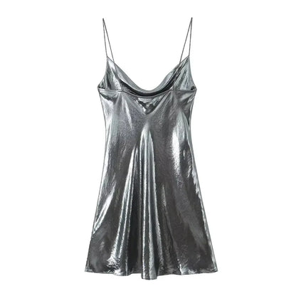 Summer Women Shinning Metallic Color Sling Mini Dress Female Chic Pleat Design Casual Slim Party Vestidos DS5000