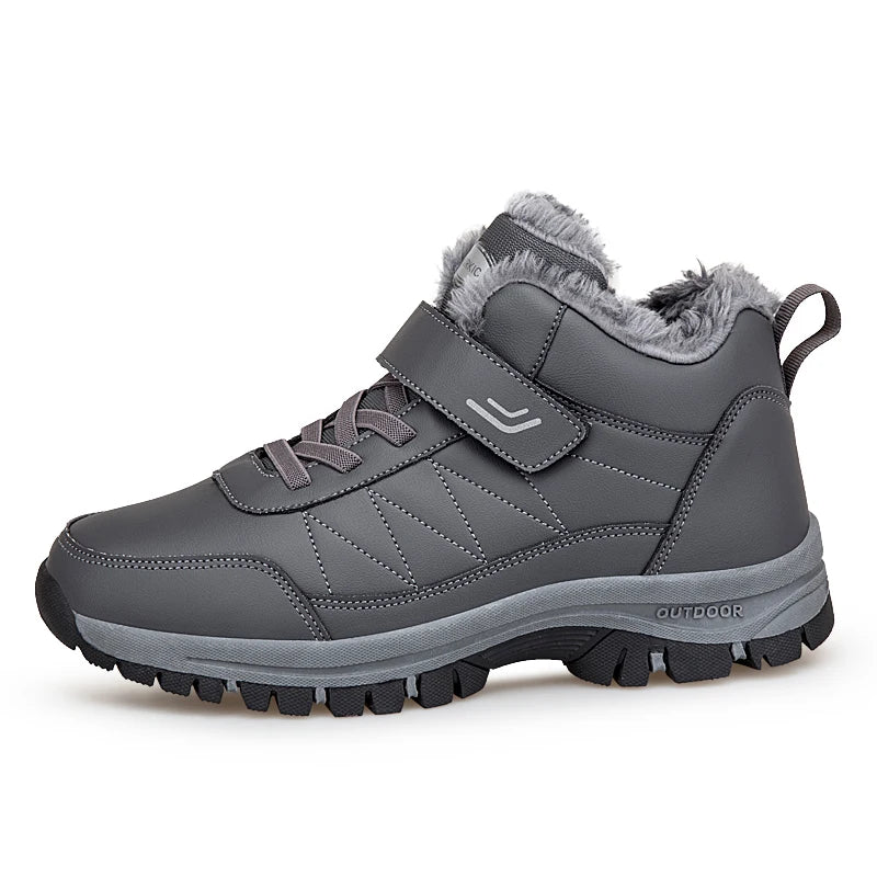 Winter Men Boots Leather Waterproof Outdoor Non-slip Hiking Shoes Unisex Men Women Warm Plush Ankle Boot Big Size 47 48