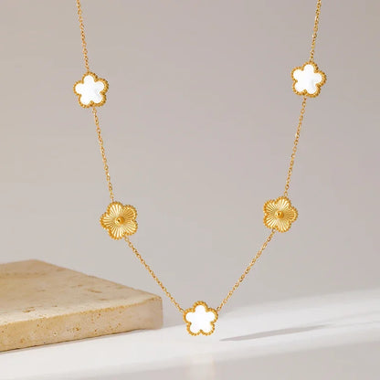 Stainless Steel White Plum Blossom Plant Leaf Flower Set Reversible Necklace Earrings Bracelet Women Clover Jewelry