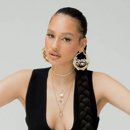 18K Gold Plated Earrings With Heart Two Tone Bamboo Earring Customized Name Hoop Earrings For Women Hip Hop Personalised Jewelry