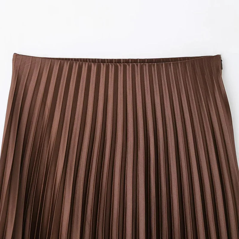 TRAF Elegant Party Midi Skirts 2025 Women's Spring Mid Waist Pleated Skirts Fashion Casual Vintage Beige Brown Long Skirts
