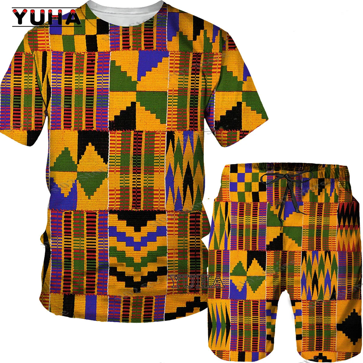 YUHA,3D Printed Men T-shirt Shorts Set 2pc Hip Hop Style Short Sleeve O-neck Summer African Folk-custom Pattern Men's Clothing S