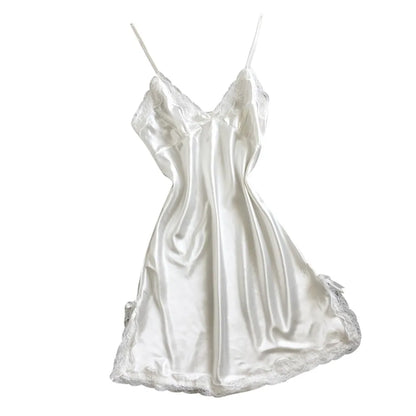 Women Red Satin Sexy Babydolls Bowknot Lace V Neck Sling Lingerie Sexy Nightwear Lightweight Ladies Home Clothed Erotic Pajamas