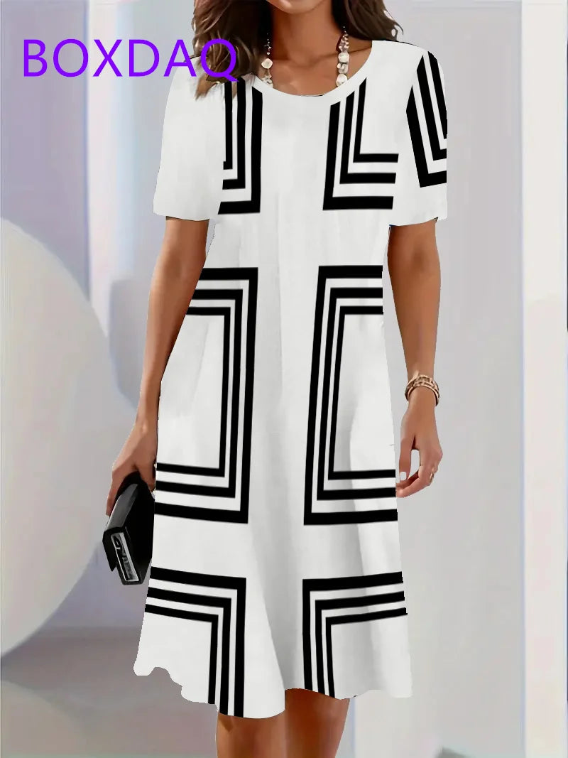 Geometric Stripe Printing Dress For Women Summer Sundress Loose Casual Short Sleeve O-Neck A-Line Dress Women Beach Mini Dresses