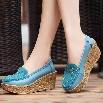 2025 Women Loafers Casual Wedges Shoes Slip on Platform Women's Middle-aged Mom Shoes Pu Leather Solid Moccasins Flats for Women