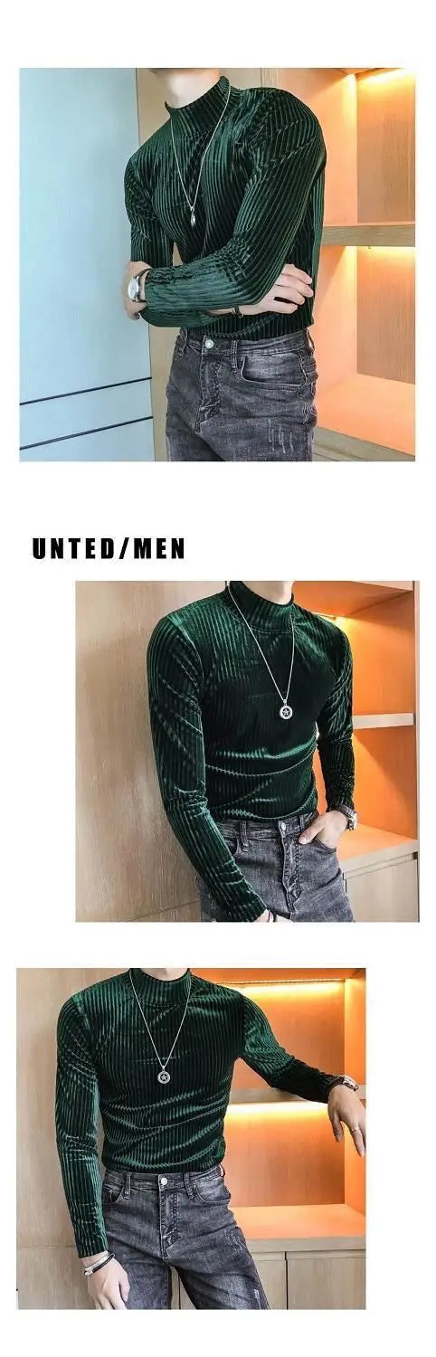 Fashion Men's Autumn Winter Luxury Clothing Heat Keep Warm Casual T-Shirt Mock Neck Tops Stripe Long Sleeve Gold Velvet T-Shirts