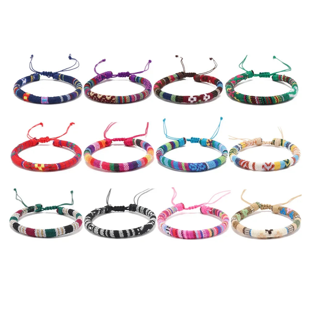12Pcs Nepal Ethnic Colorful Bracelet Set For Women Bohemia Fabric Braided Rope Wristbands Men Bangle Fashion Summer Jewelry