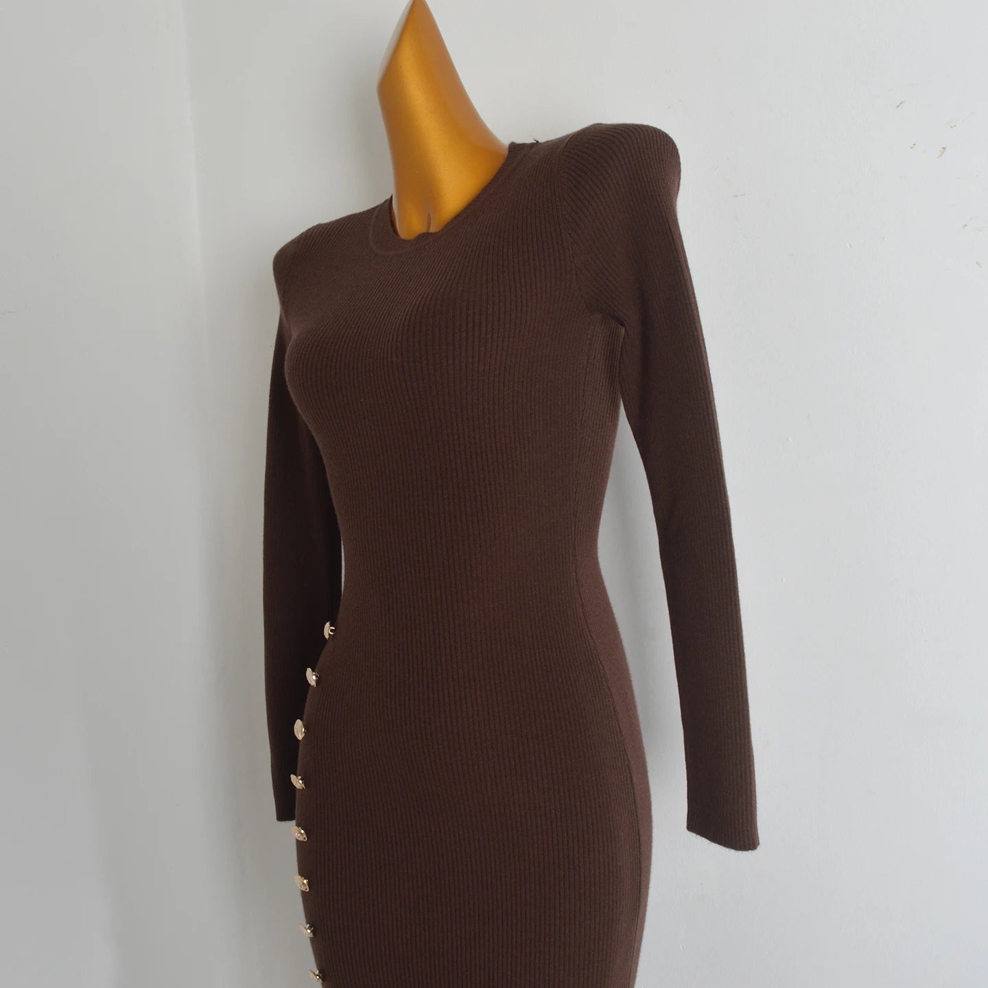 Spring Autumn Knitted Elastic Waist Dress Coat Design Button round Neck Bodycon Skirt Casual Style Long Sleeve Women's Dress
