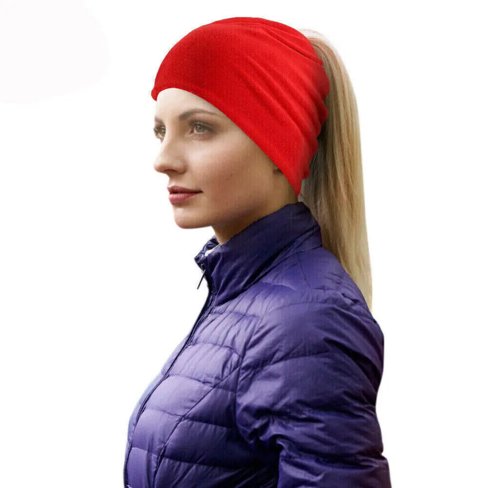 Winter Warmer Ponytail Skull Cap Windproof Thermal Fleece Beanie Hat Running Ski Outdoor Sports Cap with Ear Cover for Men Women