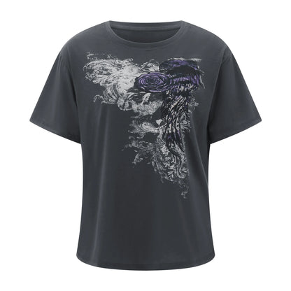 Women s Loose Gothic Tops Retro Graphic Print Short Sleeve Round-Neck Grunge Shirts for Summer Spring