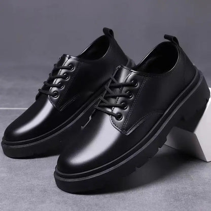 Men's Casual Leather Shoes Thick Bottom Leisure Trendy British Style Winter New Arrival Breathable round Toe Low Heel