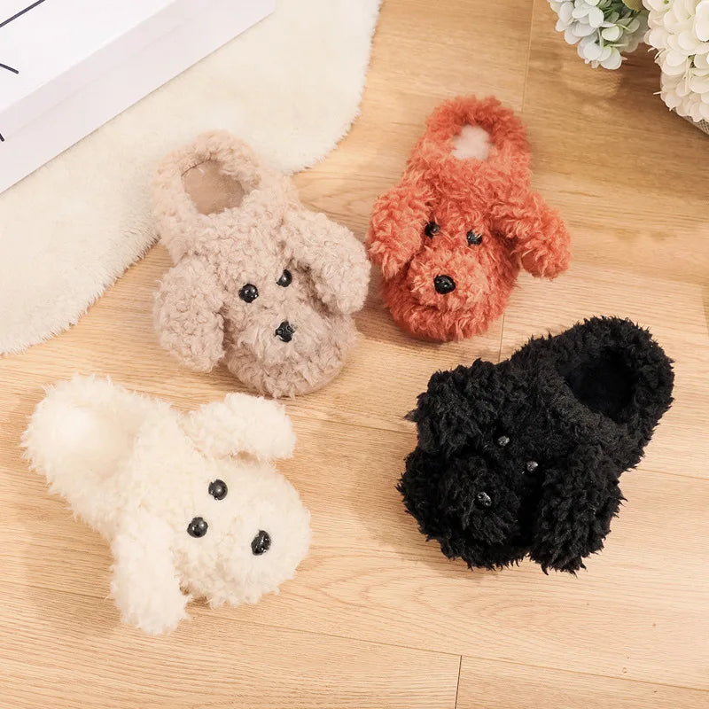 Gacimy Winter Warm Cotton Slippers For Women Comfortable Cute Dog Furry Shoes Couple Indoor Soft Platform Bedroom Plush Slippers
