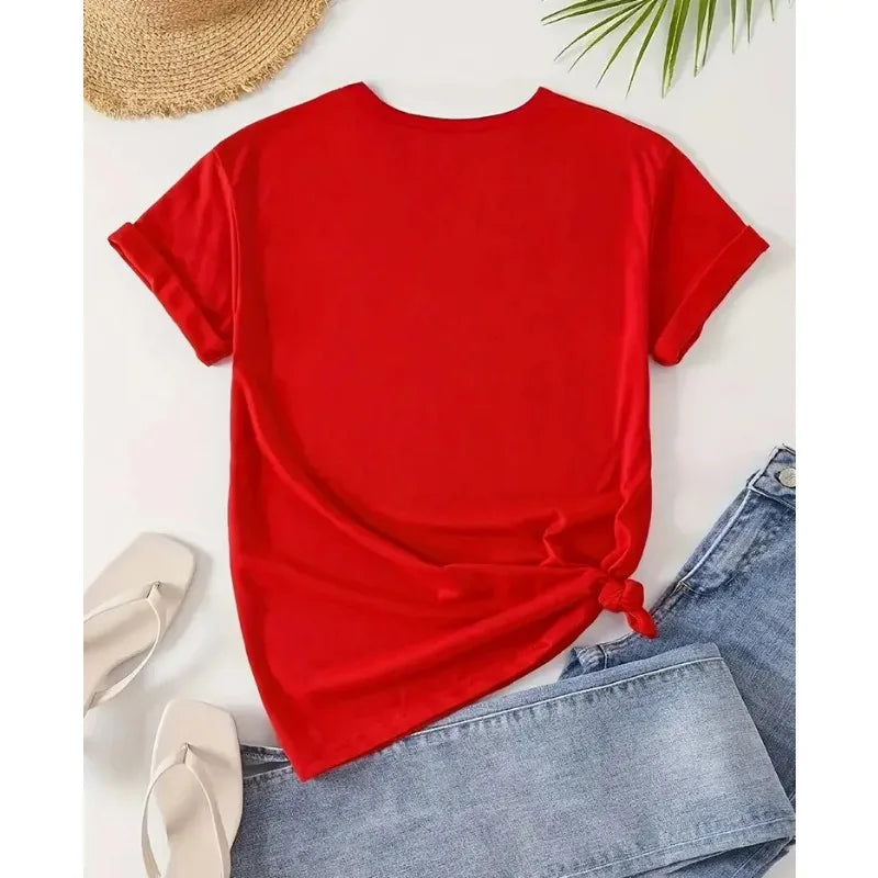 Women's Casual Short-sleeved Round Neck T-shirt - Bright Butterfly and Rose Pattern Print, Spring and Summer Women's T-shirt