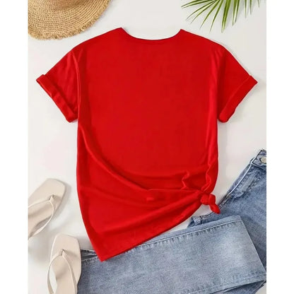 Women's Casual Short-sleeved Round Neck T-shirt - Bright Butterfly and Rose Pattern Print, Spring and Summer Women's T-shirt