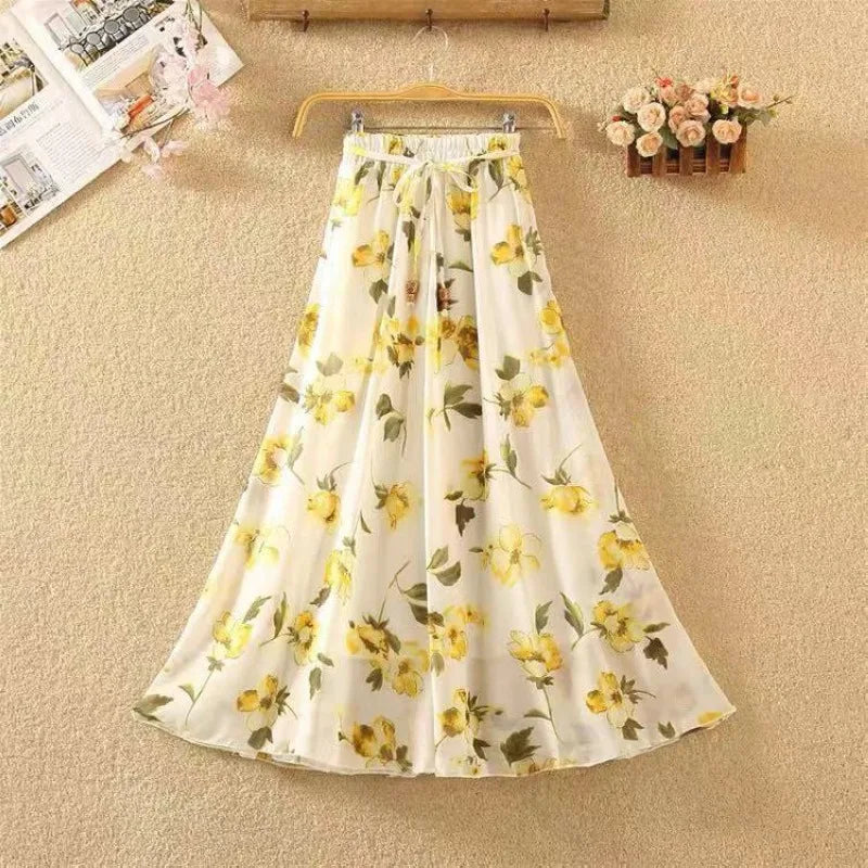 Elegant Chiffon Long Skirts For Women Autumn Casual Women's Floral Print Maxi Skirt Female High Waist Elastic A-Line Skirts