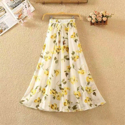 Elegant Chiffon Long Skirts For Women Autumn Casual Women's Floral Print Maxi Skirt Female High Waist Elastic A-Line Skirts